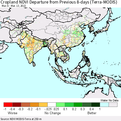 Asia Cropland NDVI Departure from Previous 8-days (Terra-MODIS) Thematic Map For 3/6/2022 - 3/13/2022