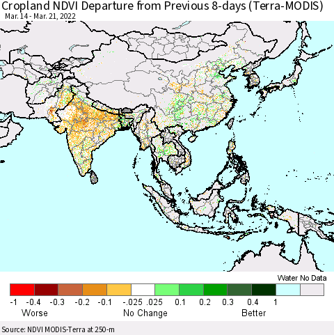 Asia Cropland NDVI Departure from Previous 8-days (Terra-MODIS) Thematic Map For 3/14/2022 - 3/21/2022