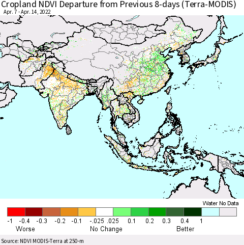 Asia Cropland NDVI Departure from Previous 8-days (Terra-MODIS) Thematic Map For 4/7/2022 - 4/14/2022