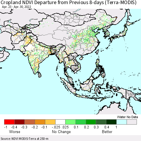 Asia Cropland NDVI Departure from Previous 8-days (Terra-MODIS) Thematic Map For 4/23/2022 - 4/30/2022