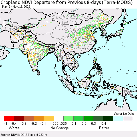 Asia Cropland NDVI Departure from Previous 8-days (Terra-MODIS) Thematic Map For 5/9/2022 - 5/16/2022