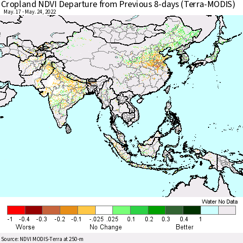 Asia Cropland NDVI Departure from Previous 8-days (Terra-MODIS) Thematic Map For 5/17/2022 - 5/24/2022