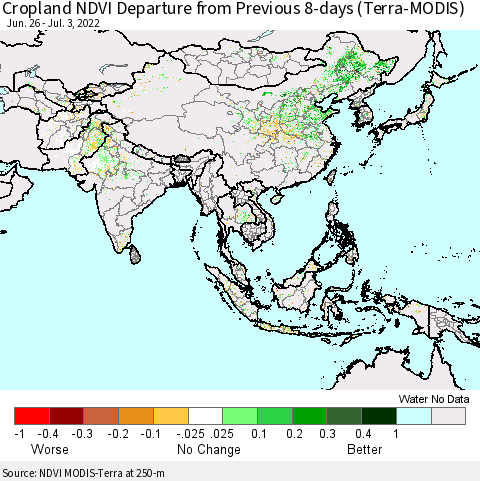 Asia Cropland NDVI Departure from Previous 8-days (Terra-MODIS) Thematic Map For 6/26/2022 - 7/3/2022