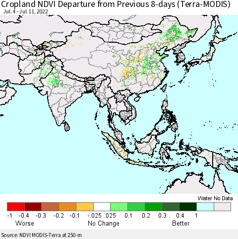 Asia Cropland NDVI Departure from Previous 8-days (Terra-MODIS) Thematic Map For 7/4/2022 - 7/11/2022
