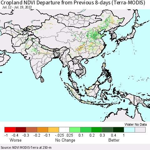 Asia Cropland NDVI Departure from Previous 8-days (Terra-MODIS) Thematic Map For 7/12/2022 - 7/19/2022