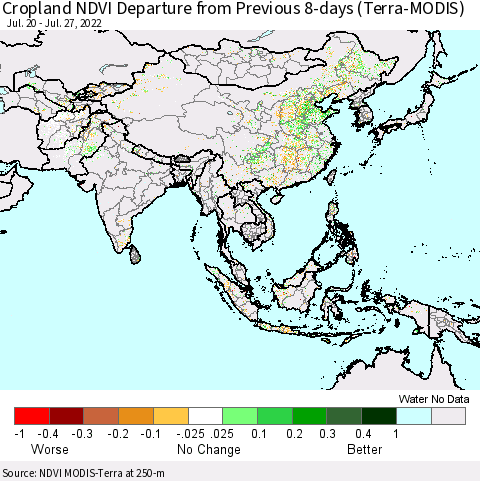 Asia Cropland NDVI Departure from Previous 8-days (Terra-MODIS) Thematic Map For 7/20/2022 - 7/27/2022
