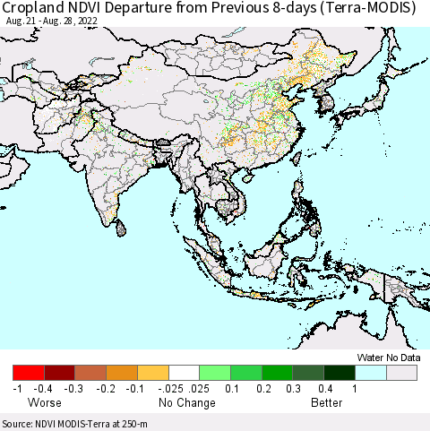 Asia Cropland NDVI Departure from Previous 8-days (Terra-MODIS) Thematic Map For 8/21/2022 - 8/28/2022