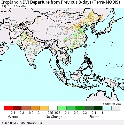 Asia Cropland NDVI Departure from Previous 8-days (Terra-MODIS) Thematic Map For 8/29/2022 - 9/5/2022