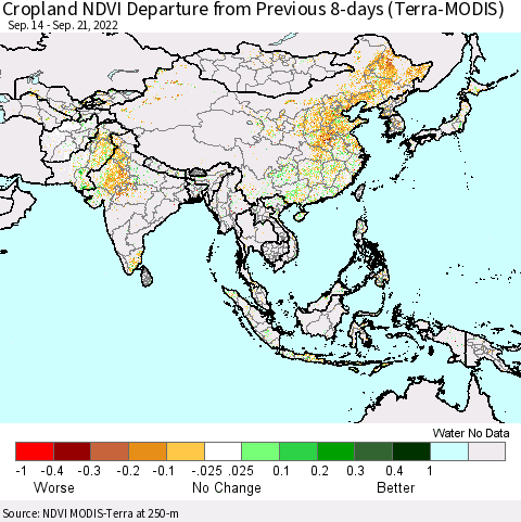 Asia Cropland NDVI Departure from Previous 8-days (Terra-MODIS) Thematic Map For 9/14/2022 - 9/21/2022