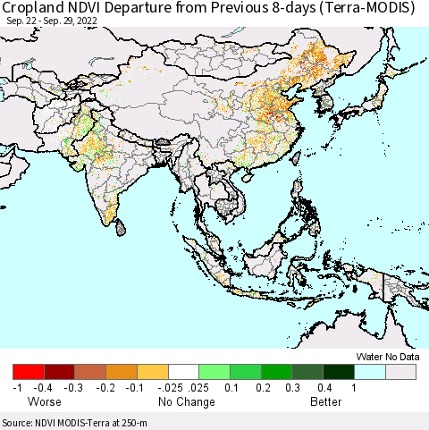 Asia Cropland NDVI Departure from Previous 8-days (Terra-MODIS) Thematic Map For 9/22/2022 - 9/29/2022