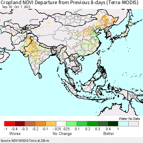 Asia Cropland NDVI Departure from Previous 8-days (Terra-MODIS) Thematic Map For 9/30/2022 - 10/7/2022