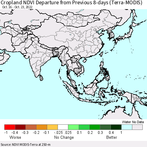 Asia Cropland NDVI Departure from Previous 8-days (Terra-MODIS) Thematic Map For 10/16/2022 - 10/23/2022
