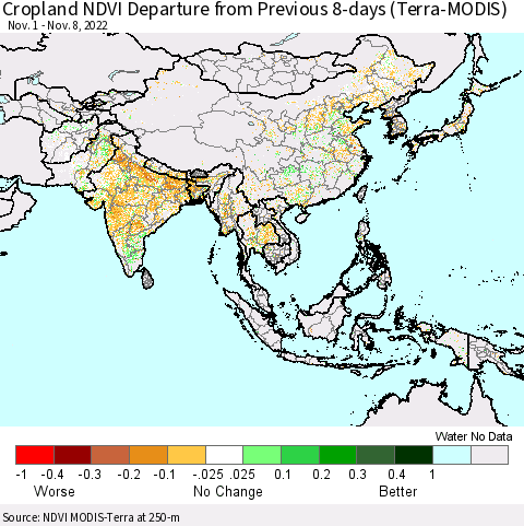 Asia Cropland NDVI Departure from Previous 8-days (Terra-MODIS) Thematic Map For 11/1/2022 - 11/8/2022