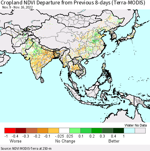 Asia Cropland NDVI Departure from Previous 8-days (Terra-MODIS) Thematic Map For 11/9/2022 - 11/16/2022