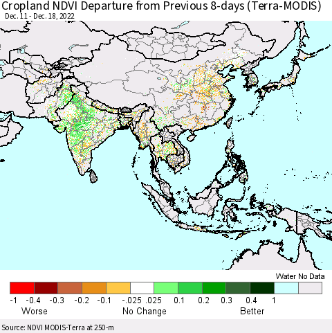 Asia Cropland NDVI Departure from Previous 8-days (Terra-MODIS) Thematic Map For 12/11/2022 - 12/18/2022
