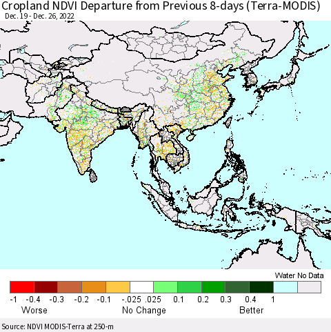 Asia Cropland NDVI Departure from Previous 8-days (Terra-MODIS) Thematic Map For 12/19/2022 - 12/26/2022