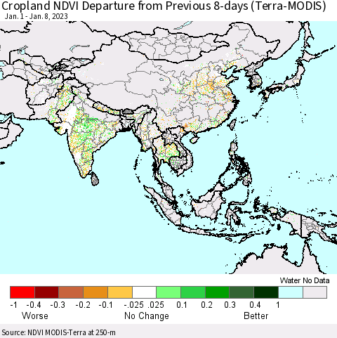 Asia Cropland NDVI Departure from Previous 8-days (Terra-MODIS) Thematic Map For 1/1/2023 - 1/8/2023