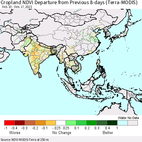 Asia Cropland NDVI Departure from Previous 8-days (Terra-MODIS) Thematic Map For 2/10/2023 - 2/17/2023