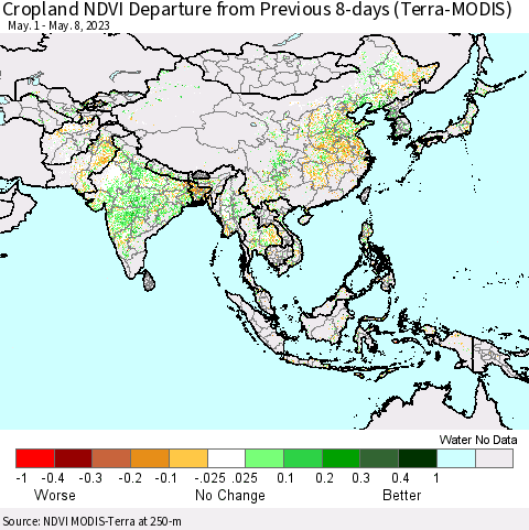 Asia Cropland NDVI Departure from Previous 8-days (Terra-MODIS) Thematic Map For 5/1/2023 - 5/8/2023