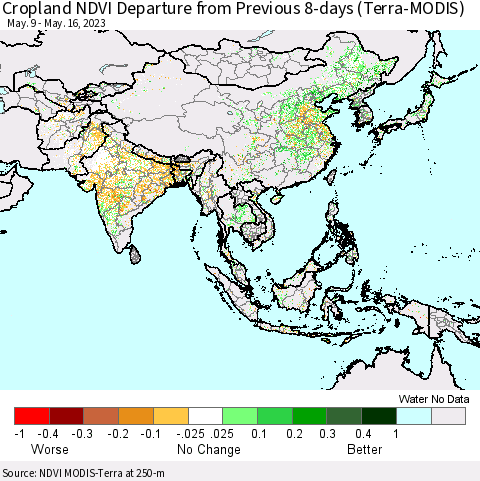 Asia Cropland NDVI Departure from Previous 8-days (Terra-MODIS) Thematic Map For 5/9/2023 - 5/16/2023