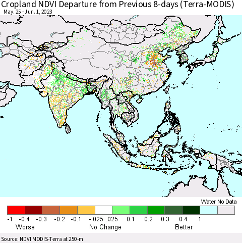 Asia Cropland NDVI Departure from Previous 8-days (Terra-MODIS) Thematic Map For 5/25/2023 - 6/1/2023