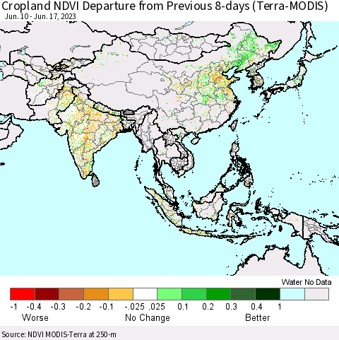 Asia Cropland NDVI Departure from Previous 8-days (Terra-MODIS) Thematic Map For 6/10/2023 - 6/17/2023