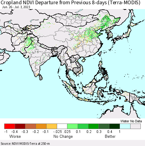 Asia Cropland NDVI Departure from Previous 8-days (Terra-MODIS) Thematic Map For 6/26/2023 - 7/3/2023