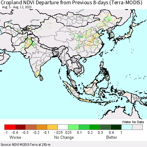 Asia Cropland NDVI Departure from Previous 8-days (Terra-MODIS) Thematic Map For 8/5/2023 - 8/12/2023