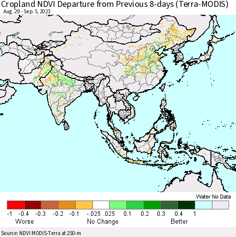 Asia Cropland NDVI Departure from Previous 8-days (Terra-MODIS) Thematic Map For 8/29/2023 - 9/5/2023