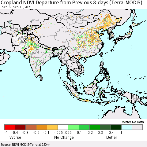 Asia Cropland NDVI Departure from Previous 8-days (Terra-MODIS) Thematic Map For 9/6/2023 - 9/13/2023