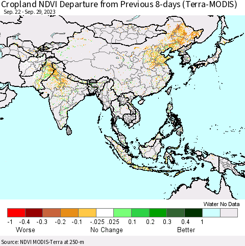 Asia Cropland NDVI Departure from Previous 8-days (Terra-MODIS) Thematic Map For 9/22/2023 - 9/29/2023
