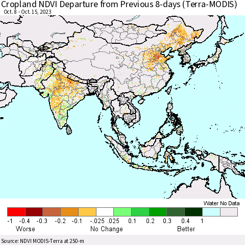 Asia Cropland NDVI Departure from Previous 8-days (Terra-MODIS) Thematic Map For 10/8/2023 - 10/15/2023