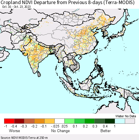 Asia Cropland NDVI Departure from Previous 8-days (Terra-MODIS) Thematic Map For 10/16/2023 - 10/23/2023