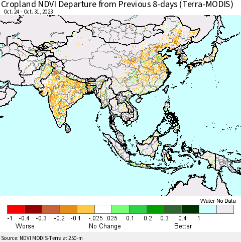 Asia Cropland NDVI Departure from Previous 8-days (Terra-MODIS) Thematic Map For 10/24/2023 - 10/31/2023
