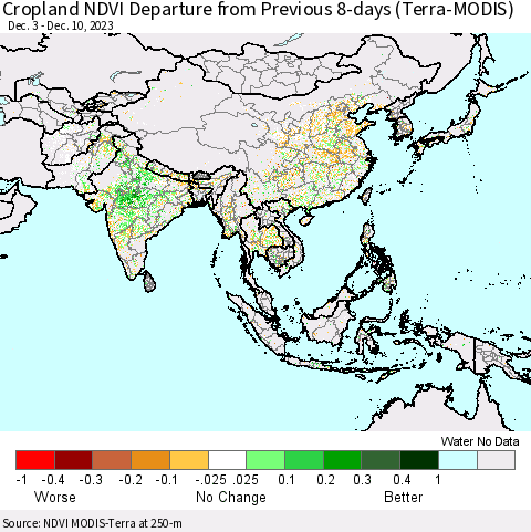 Asia Cropland NDVI Departure from Previous 8-days (Terra-MODIS) Thematic Map For 12/3/2023 - 12/10/2023