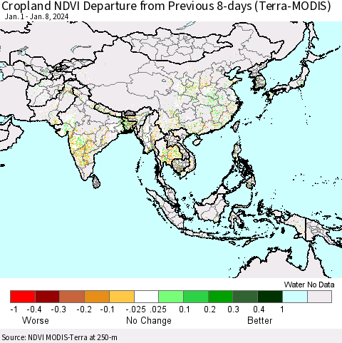 Asia Cropland NDVI Departure from Previous 8-days (Terra-MODIS) Thematic Map For 1/1/2024 - 1/8/2024
