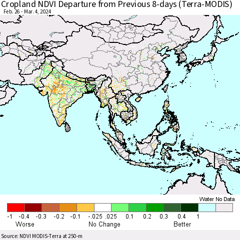 Asia Cropland NDVI Departure from Previous 8-days (Terra-MODIS) Thematic Map For 2/26/2024 - 3/4/2024