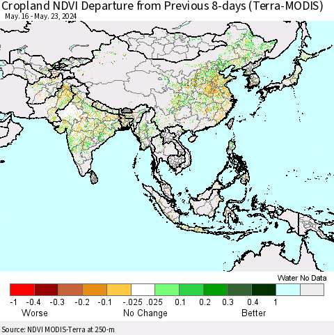 Asia Cropland NDVI Departure from Previous 8-days (Terra-MODIS) Thematic Map For 5/16/2024 - 5/23/2024