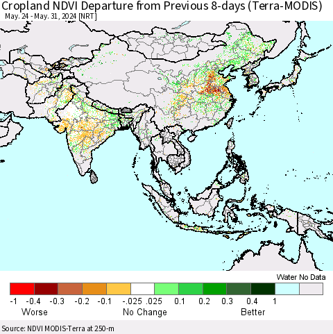 Asia Cropland NDVI Departure from Previous 8-days (Terra-MODIS) Thematic Map For 5/24/2024 - 5/31/2024