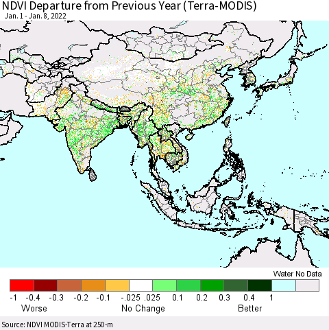 Asia NDVI Departure from Previous Year (Terra-MODIS) Thematic Map For 1/1/2022 - 1/8/2022