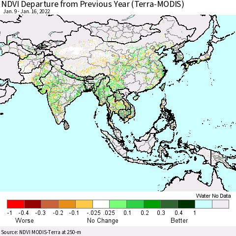 Asia NDVI Departure from Previous Year (Terra-MODIS) Thematic Map For 1/9/2022 - 1/16/2022