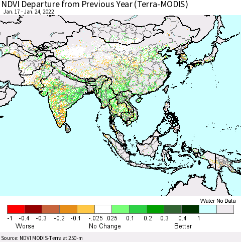 Asia NDVI Departure from Previous Year (Terra-MODIS) Thematic Map For 1/17/2022 - 1/24/2022