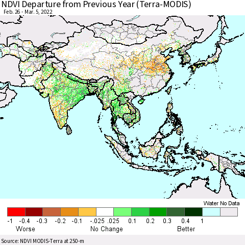 Asia NDVI Departure from Previous Year (Terra-MODIS) Thematic Map For 2/26/2022 - 3/5/2022