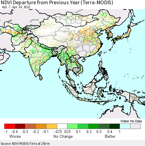 Asia NDVI Departure from Previous Year (Terra-MODIS) Thematic Map For 4/7/2022 - 4/14/2022