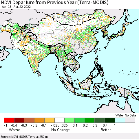 Asia NDVI Departure from Previous Year (Terra-MODIS) Thematic Map For 4/15/2022 - 4/22/2022