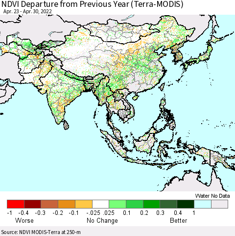Asia NDVI Departure from Previous Year (Terra-MODIS) Thematic Map For 4/23/2022 - 4/30/2022