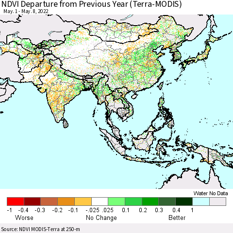 Asia NDVI Departure from Previous Year (Terra-MODIS) Thematic Map For 5/1/2022 - 5/8/2022