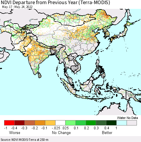 Asia NDVI Departure from Previous Year (Terra-MODIS) Thematic Map For 5/17/2022 - 5/24/2022
