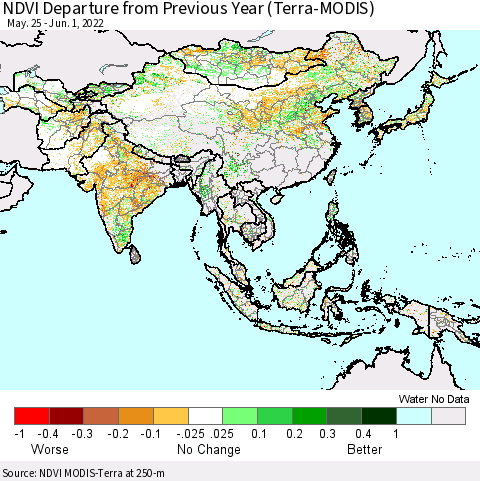 Asia NDVI Departure from Previous Year (Terra-MODIS) Thematic Map For 5/25/2022 - 6/1/2022
