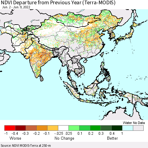 Asia NDVI Departure from Previous Year (Terra-MODIS) Thematic Map For 6/2/2022 - 6/9/2022